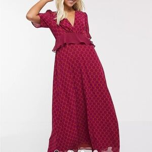 ASOS Twisted Wunder Frill Waist Detail Hexagon Printed Maxi Dress in Rust